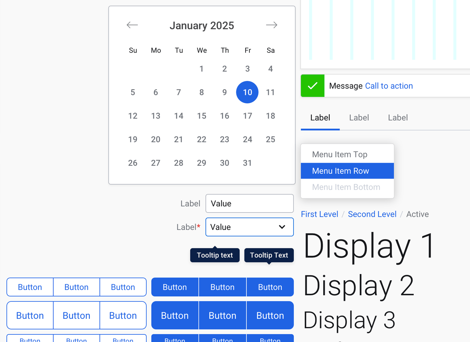 A screenshot of various design system components