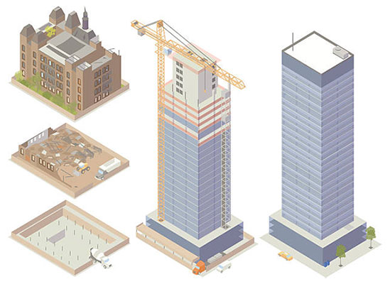 Demolition and construction sequence illustration