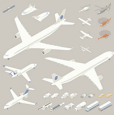 Illustration of isometric airplanes and flying vehicles