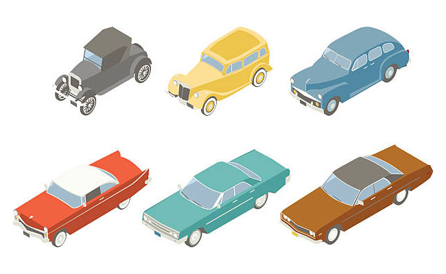 Illustration of classic cars in isometric view