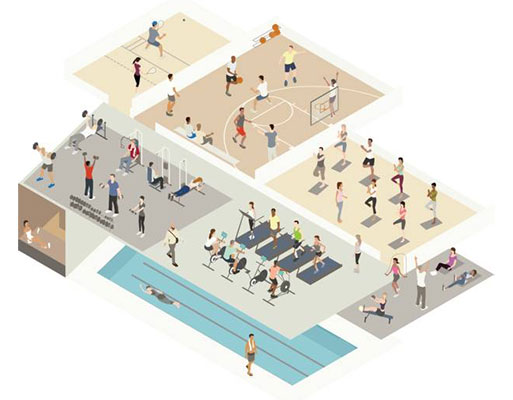 Cutaway illustration of an isometric gym