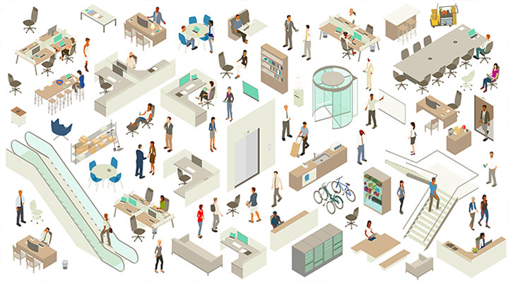 A detailed, varied set of icon illustrations with an office theme include a revolving door, escalator, elevator entrances, stairway, desks, cubicles, a conference table, storage shelves, cleaning cart, drink refrigerator, coffee machine, water cooler, and desk chairs. People include businessmen, business women, casually dressed employees, a delivery person, a security guard at desk, and receptionist. Technology includes desktop and laptop computers, smart phones, a rack of servers, and tablets.
