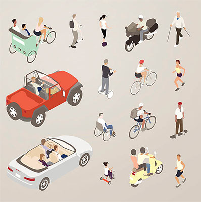Illustration of people running, walking, and using vehicles
