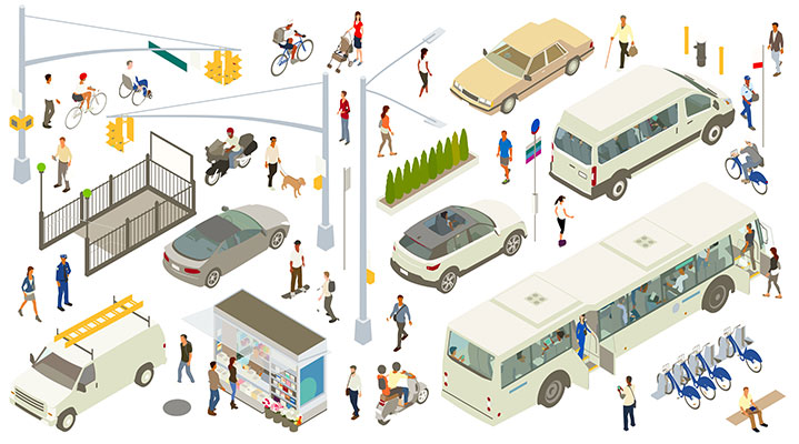 A varied, detailed set of city street icons include traffic lights, lamppost, signs, subway entrance, fire hydrant, bike rack, newsstand, bench, manhole cover, and a row of shrubs. People are seen walking, biking, and carrying bags and jackets. A person in a wheelchair, a dog walker, police officer, a person using inline skates, and a variety of other people can be seen. People can also be seen on and inside vehicles, which include a city bus, shuttle van, SUV, sports car, 1980s-style sedan, motorcycle, moped, and bicycles.