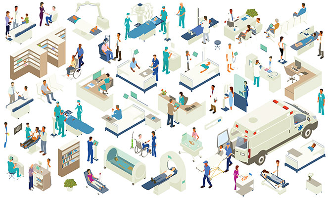 Isometric medical icons include scanning equipment (MRI, X-Ray, CT scan, CAT scan, etc), robot-assisted surgery, hospital beds, hospital pharmacy shelves, examination tables, hyperbaric chamber, ambulance with gurney, NICU, ultrasound procedure, nurse's station and other desks, reception, kiosk screens, mammogram equipment, medical lab, and other furniture and equipment. People include chiropractor/massage therapist, surgeons, technicians, pharmacist, optometrist, pediatrician, paramedics, a nurse checking blood pressure, and a variety of other patients, doctors, and healthcare professionals.