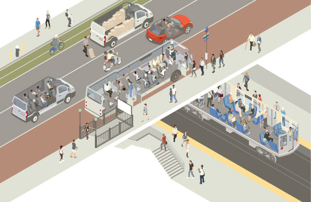 Modes of transportation shown in isometric cutaway style
